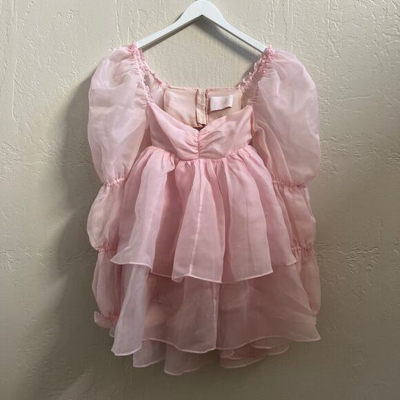 Selkie Ballerina Pink Long Sleeve Tiered Chiffon Puff Mini Moonlight Dress - Picture 6 of 10